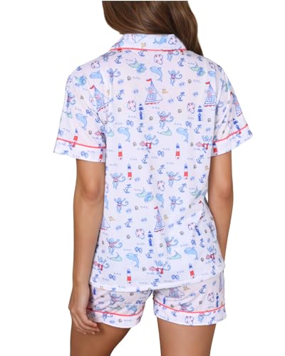 Image of Womens Y2k Preppy Pajamas Set, 2 Piece Button Down Monkey Beach Shorts Set Holiday Vacation Loungewear Pjs for Jammies Back to School Party Birthday Gifts(Boat, X-Small)