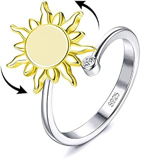 HEEYA S925 Sterling Silver Fidget Rings for Women Girl - Rotatable Anxiety Rings - Adjustabl Thumb Rings - Cubic Zirconia Bee/Flower/Sunflower/Sun Ring with Box