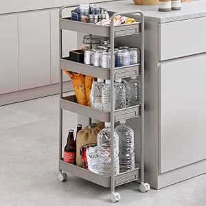 山善(YAMAZEN) キッチンワゴン キャスター付き 4段 キッチン 収納 耐荷重28kg 幅43×奥行26×高さ95cm 隙間収納 ワゴン 組立かんたん グレージュ LBW-4F(GG)