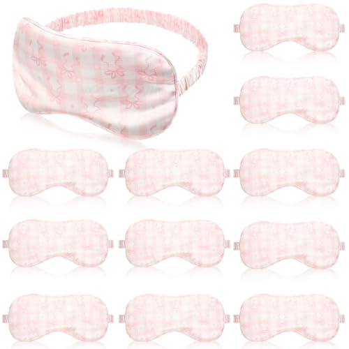 Honeydak 12 Pcs Silk Sleep Masks for Women Girls Pink Bow Party Favors Adjustable Eye Masks for Birthday Sleepover Spa Sweet 16 Party Gifts