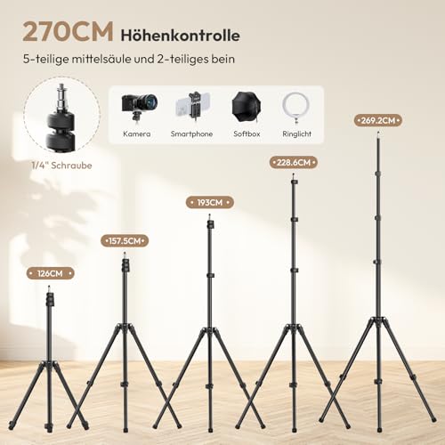Ulanzi T270 270cm Lichtstativ, Aluminium Lampenstativ, Tragbares Stativ Kamera,Belastbar bis 6kg,Höhenverstellbares Lichtstativ, 1/4\ Schraube Stativ Licht für Fotografie,Studiolicht,Ringlicht,Softbox