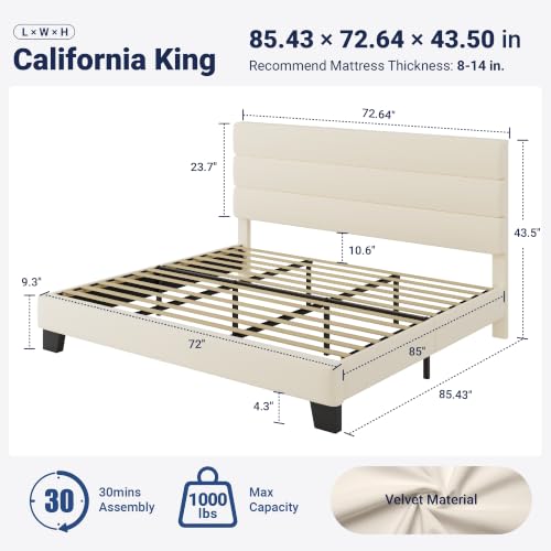 Image of Allewie Cal King Size Platform Bed Frame with Velvet Upholstered Headboard
