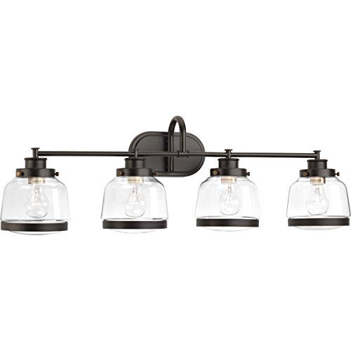 Progress Lighting P300083-020 Judson Collection Clear Glass Farmhouse Bath Vanity Light, 4-Light, Antique Bronze