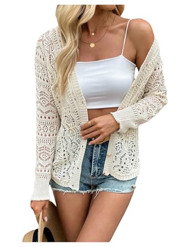 BEAUDRM Women's Crochet Hollow Out Cardigan Sweater Button Down Long Sleeve Sheer Knitwear Apricot Large