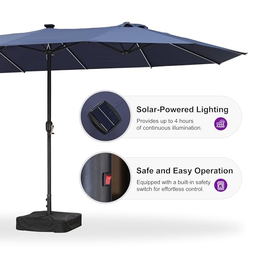 PURPLE LEAF 13ft Patio Market Umbrella with Solar LED and Base Double-Sided Rectangle Outdoor Table Sun Umbrellas with Crank for Pool Beach Deck Backyard Navy Blue — view 4