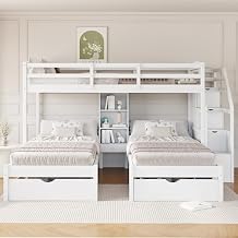 Bellemave Triple Bunk Bed with Stairs, Twin Over Twin & Twin Bunk Bed for 3, Triple Bunk Bed with Drawers, Staircase with Storage, Built-in Shelves, for Kids Teens Adults White