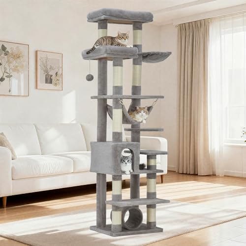 74" Tall Cat Tree,Large Cat Tree for Big Cats,Cat Tower with Scratching Posts, Condo, Perches, Hammock, Tunnel & Feeding Station,Deep Gray, light grey