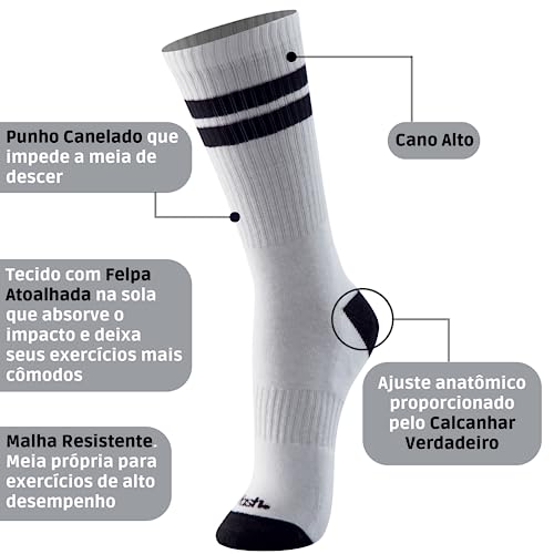 Kit 02 Pares Meias Cano Alto Mash Esportiva Masculina Adulto | Branco Com Preto | Cinza Com Preto |