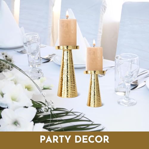 Image of Behoma Handcrafted Hammered Gold Pillar Candle Holder Gift Set | Luxury Table Centerpiece for Living Room & Dining Table | Premium Home & Wedding Decor Gift (Set of 2, Candles Not Included)