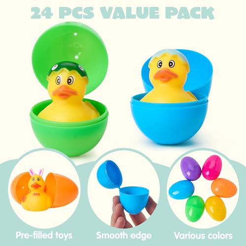 JOYIN 24 Pcs Prefilled Easter Eggs with Rubber Ducks, Variety Duckies for Easter Egg Hunt, Kids Basket Stuffer, Bath Toy Party Favors, Classroom Prize Supplies by JOYIN - Image 3