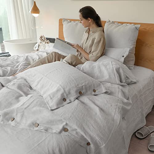 Simple&Opulence 100% Linen Duvet Cover Set 3Pcs With Coconut Button Closure Natural French Washed Flax Solid Color Soft Breathable Farmhouse Bedding - Light Grey, King Size #TOP16