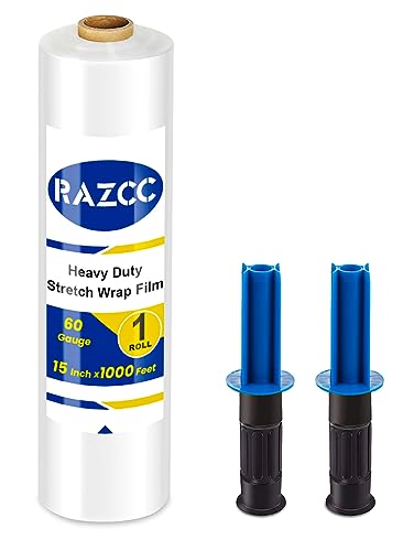 Stretch Film, RAZCC Stretch Wrap Industrial Strength, Shrink Wrap for Pallet Wrap, Heavy Duty Clear Plastic Wrap with Handles, Moving Wrapping Plastic Roll, 15 inch x 1000 Feet, 60 Gauge, 1 Pack
