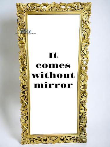 Image of Rectangular Wooden Mirror Frame for Wall Decoration | Wall Mount Frame for Bedroom & Living Room | Solid Mango Wood | Antique Gold Finish | 4 x 2.5 Feet | Mirror Not Included