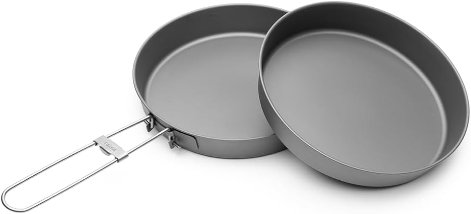 TOAKS Titanium Nesting Pan 2PC Set – 6.5 inch Deep Frying Pan with Foldable Handle and Matching Nesting Plate for Open Fire Cooking and Group Meals