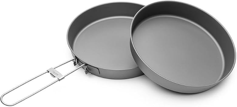 TOAKS Titanium Nesting Pan 2PC Set   6.5 inch Deep Frying Pan with Foldable Handle and Matching Nesting Plate for Open Fire Cooking and Group Meals