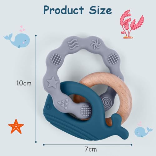 Vicloon Beißring Baby, Beißspielzeug Zahnungshilfe aus Silikon & Holz, BPA-frei, Waltierform, Zahnen Nursing Zubehör für ab 3 Monaten Babys, Mädchen Junge Geschenk (Wal-Blau)