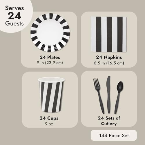 BLUE PANDA 144-Piece Black & White Striped Goth & Emo Party Supplies Set - Serves 24 with 9-Inch Plates, 9-Oz Cups & 2-Ply Napkins - Forks, Spoons & Knives - Emo & Goth Birthday Plates - Thumbnail 4