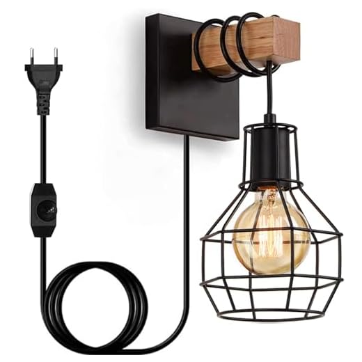 Wandleuchte Innen Vintage Wandlampe mit Stecker, Schwarz Industrial Retro Lampe mit Dimmbar Schalter, E27 Holz Metall Käfig Wandleuchten für Schlafzimmer Treppenhaus Wohnzimmer (Ohne Glühbirne)