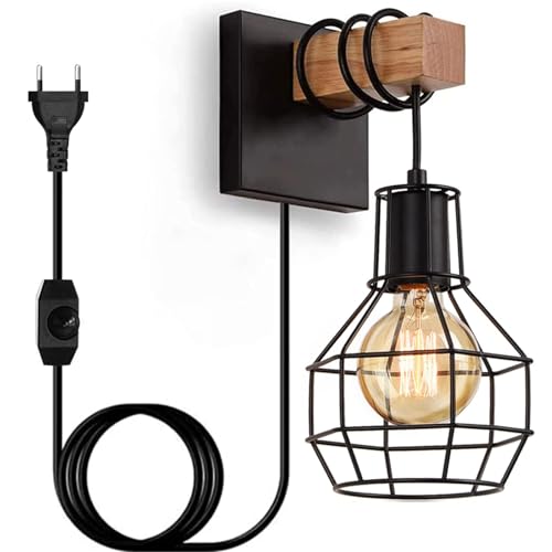 Applique Murale Intérieur Bois Vintage, E27 Rétro Dimmable Lampe Murale avec Prise et Interrupteur, Lampe de Chevet Industrielle cage en Métal pour Chambre,...