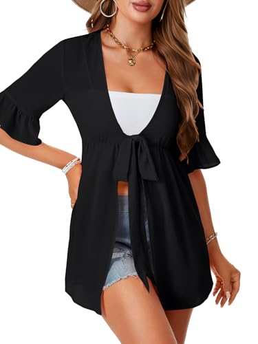 LYANER Women's V Neck Flounce Half Sleeve Tie Knot Front Coverup Beach Cardigan Blouse3