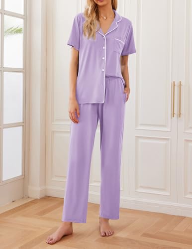 Image of Ekouaer Womens Pajamas Set Short Sleeve Button Down Top & Pants Lounge Pjs | Soft Sleepwear with long pants, ideal for Home relaxation, Wedding, Party, Daily Wear & Breastfeeding