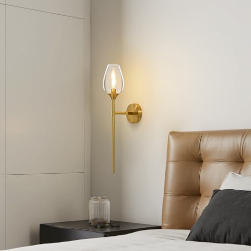 Image of Set of 2 Gold Glass Wall Sconce Light,Vanity Light with Flower Shade | Decorative Wall Sconces Lights over Mirror,Indoor Brass Bathroom Vintage Vanity Lighting for Bedroom Living Room