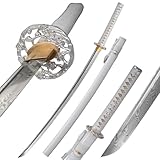 KAWANO Katana Sword, Japanese Handmade Damascus Steel Folded Samurai Sword, Functional Full Tang Blade Katana, Real Rayskin Handle with Gift Bag (White Plum Blossom)