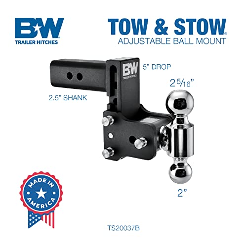 B&W Trailer Hitches Tow & Stow Adjustable Trailer Hitch Ball Mount - Fits 2.5" Receiver, Dual Ball (2" x 2-5/16"), 5" Drop, 18,000 GTW - TS20037B