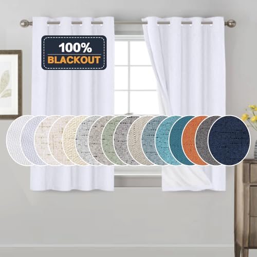 Image of PrinceDeco White 100% Blackout Curtains 54 inch Long Blackout Curtains for Bedroom Linen Texture Solid Thermal Insulated with White Liner Luxury Decor for Nursery 52x54 Inch (2 Panels)
