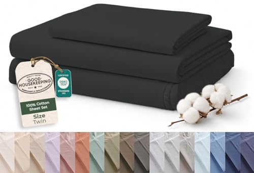 Image of ROYALE LINENS 100% Organic Cotton Twin Sheet Set - 16 inch Deep Pocket Bed Sheets - Eco Friendly Black Bed Sheets - Sabanas Twin - 1 Flat, 1 Fitted & 1 Pillowcases - Black Sheet Set - Cotton Bedding Sets