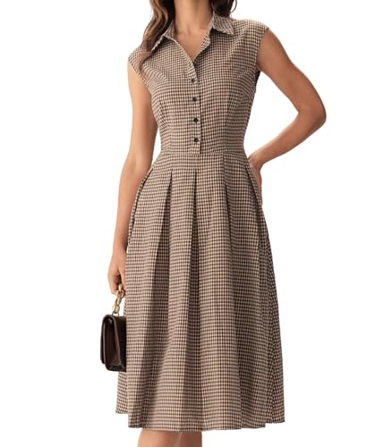 RIHOAS Womens Plaid Dress Sleeveless Button Up Midi A Line Dress Office Work Dress Brown