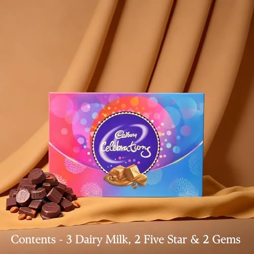 Image of eCraftIndia Set of 2 Purple Floral & Pearl Designer Rakhis for Brothers with Chocolate, Cadbury Celebrations Gift Pack of 7 Assorted Chocolates, Rakhi with Chocolate, Roli Chawal Pack