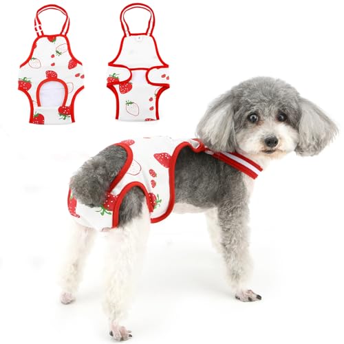 Ranphy Dog Diapers Female with Adjustable Suspender Washable Reusable Puppy Sanitary Panties Cute Strawberry Doggie Period Panties Pet Underwear Diaper Jumpsuits for Girl Dogs in Heat,Red,L