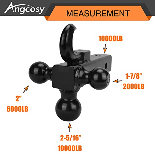 ANGCOSY Triple Ball Mount with Hook, 1-7/8”, 2” and 2-5/16” Tri-Ball Hitch Balls, Hollow Shank, Fits for 2” Receiver, 10,000 lbs - Thumbnail 4