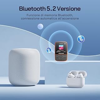 WOLFANG Lettore MP3 da 64 GB con Bluetooth 5.2, clip sportiva, formato mini, peso 28,3 g, radio FM HiF, registratore vocale, auricolari inclusi, arancione