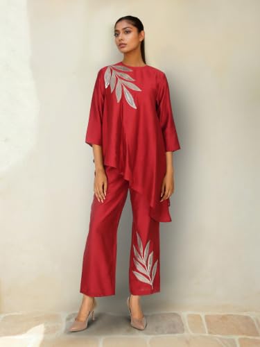Image of Women's Magenta Chanderi Sequin Embroidered Co-ord Set | Round Neck 3 /4 Sleeve Asymmetric Top with Trousers | Festive Co-ord for Party, Wedding