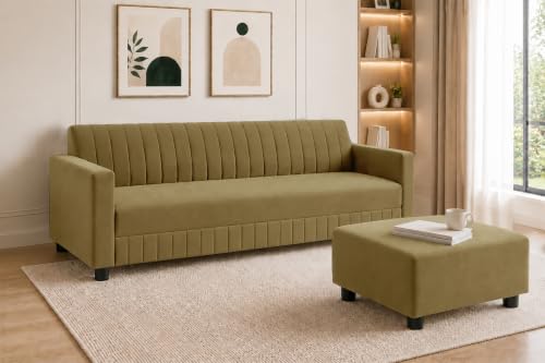 Image of Modern 3-Seater Velvet Sofa with Ottoman | Vertical Channel Tufted Backrest | Plush Cushioned Seating | Stylish Contemporary Sofa for Living Room, Bedroom & Office | Golden