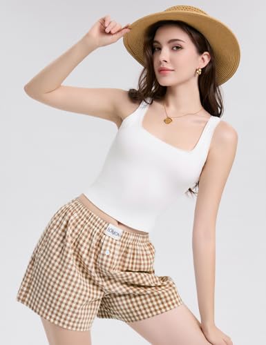 Image of LOMON Boxer Shorts for Women Summer Gingham Pajamas 2026 Lounge Sleep Pj Plaid Shorts Y2K Beach Bottoms with Pockets