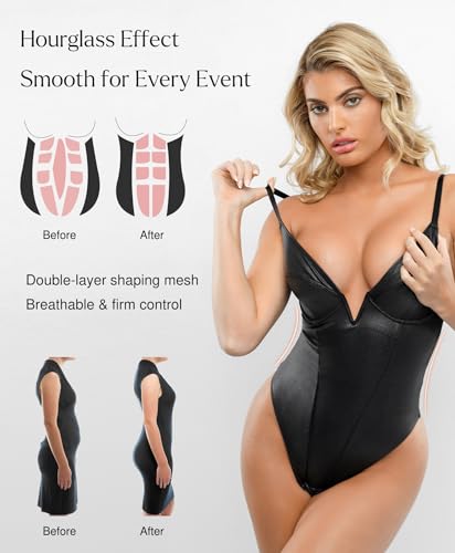 Popilush Body Suits for Womens Tummy Control - Faux Leather Bodysuit Deep V Neck Thong Sleeveless Corset Tank Top4