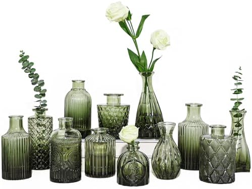 12pcs Green Glass Bud Vases Set, Small Vases for Flowers, Bud Vas...