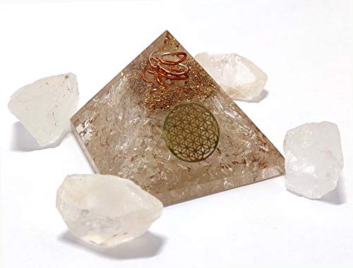 Sawcart Clear Quartz Orgone Crystal Pyramid with Flower of Life Symbol & 4 Pieces of Natural Raw Rough Stone for Protection Positive Energy Generator Reiki Chakra Healing Yoga Meditation