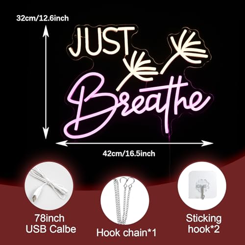 Image of Just Breathe Neon Sign Dimmable Breathe Neon Signs Light Up Sign for Wall Decor LED Letters Neon Light by USB for Bedroom Yoga Studio Gym Reading Room(12.6 * 16.5In)