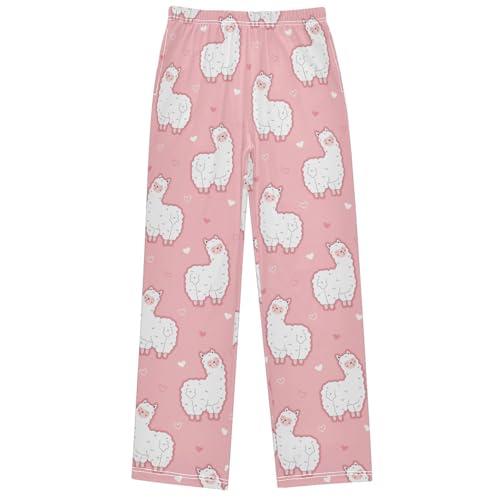 Boy's Pj Pants White Fluffy Alpaca Heart Lounge Bottoms Elastic Waist Kids Joggers with Pockets Size 6-14