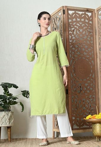 Image of Amazon Brand - Tavasya Women Cotton Katha Straight Regular Fit Kurta | Solid Ethnic Kurti | 3 /4 Sleeve Casual & Office Wear |Kurta for Women