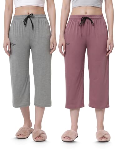 Image of Fflirtygo Women's Cotton Plain Calf Length Capri | Nightwear Short Pyjama | 3 /4th Solid Pyjama Pant | Regular Fit Casual & Lounge Wear Capri Combo (Pack of 2)