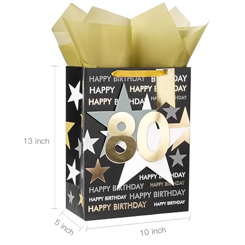 Image of Loveinside 80th Birthday Gift Bag for Men, Black and Gold Number 80 inch Design with Tissue Paper and Greeting Card for Birthday Party Celebration - 10 inch x 5 inch x 13 inch, 1 Pcs, Black Gold