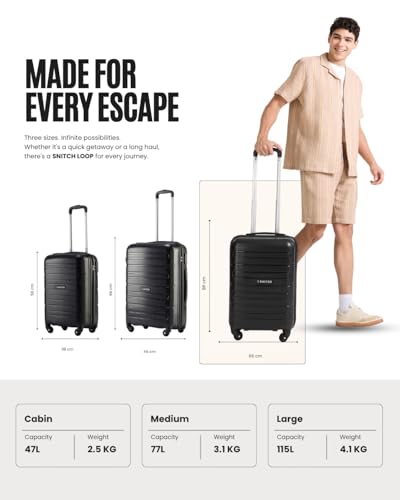 Image of SNITCH Loop 3Pc Set Black Polypropylene Hard Travel Suitcase - Suitcase for Travel Set of 3 & Luggage with 4 Wheels, Secure Lock & Free Shoe Bag