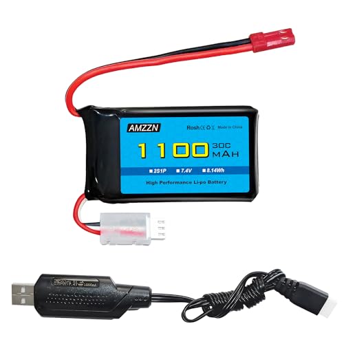 AMZZN 7.4V 1100mAh 30C JST-2P Plug Lipo Battery With USB Charging Cable For Wltoys A949 A959 A969 A979 K929 RC Car,Compatible With Most 1/10 1/16 1/18 1/24 Ratio RC Trucks, A320 A321 V353 RC Drone