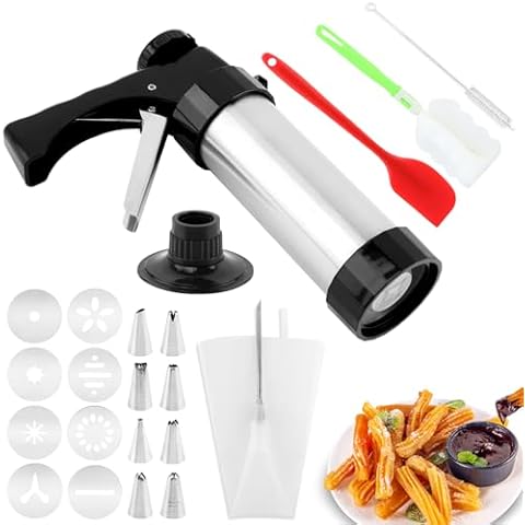 20PCS Cookie Press Gun Kit,Stainless Steel Churro Maker Machine with 8 Piping Nozzles,8 Cookie Discs & 2 Brushes,Piping Bag,Cake Spatula,for DIY Biscuit Cake Dessert Making Cover
