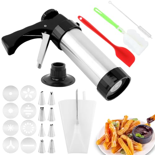 20PCS Cookie Press Gun Kit,Stainless Steel Churro Maker Machine with 8 Piping Nozzles,8 Cookie Discs & 2 Brushes,Piping Bag,Cake Spatula,for DIY Biscuit Cake Dessert Making